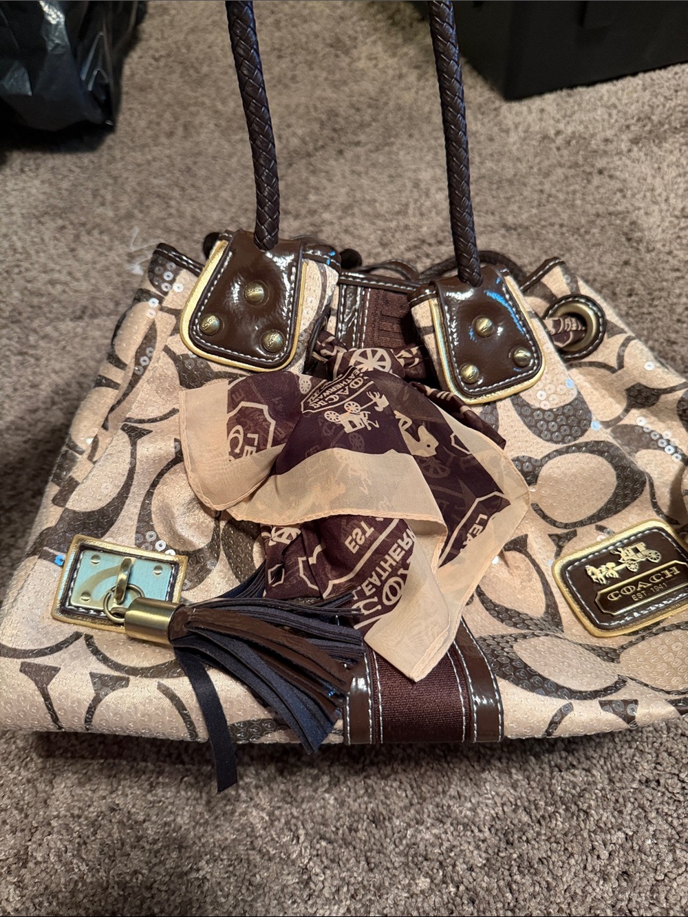 Vintage Coach Beige and Brown Signature Drawstring Tote with Scarf Accent